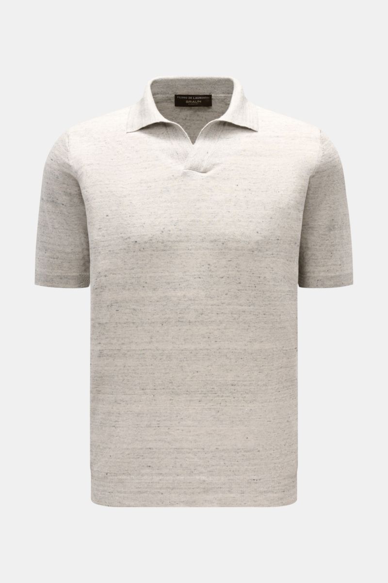 Filippo de Laurentiis Kurzarm-Strickpolo 'Skipper' grau/anthrazit meliert, slim fit, zweifarbige Melangeoptik, Polokragen, offene Kragenleiste, Rippbündchen, aus Leinen-Baumwoll-Mix, weich, feines Strickbild, frontal fotografiert.
