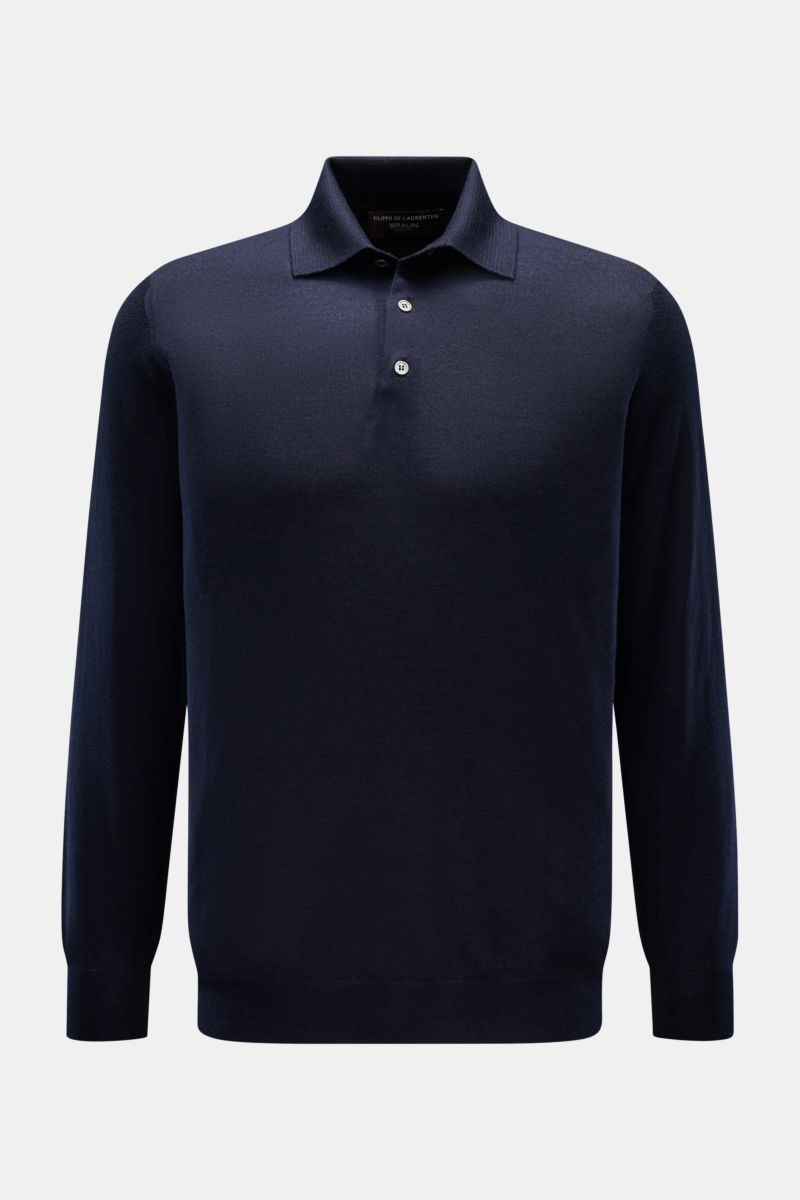 Filippo de Laurentiis Strickpolo navy, slim Fit, aus Cashmere-Seiden-Mix mit Polokragen, Drei-Knopf-Leiste, Rippbündchen, frontal fotografiert.