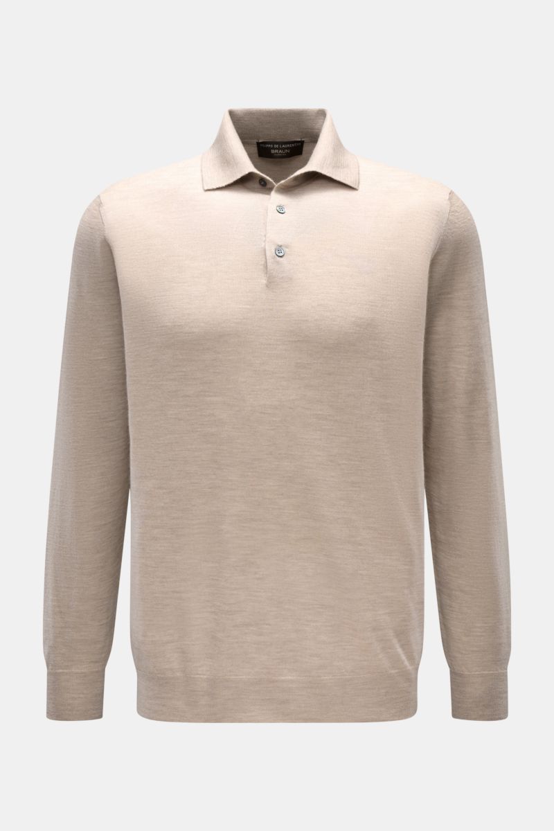 Filippo de Laurentiis Strickpolo beige meliert, Slim Fit, aus Cashmere-Seiden-Mix, vorne mit Drei-Knopf-Leiste, Rippbündchen, frontale Sicht.
