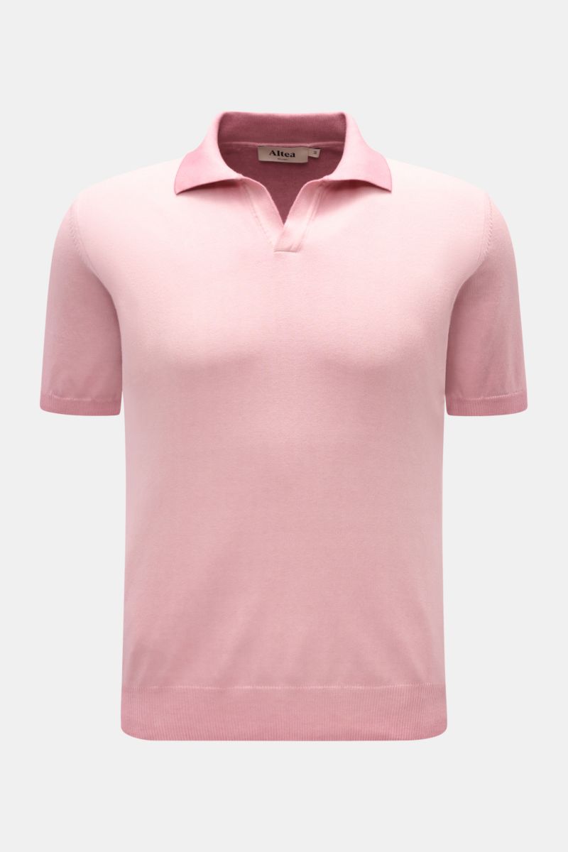 Altea Kurzarm-Strickpolo rosé, frontale Ansicht, Slim Fit, reine Baumwolle, weicher Griff, feines Strickbild, Polokragen, offene Kragenleiste, Rippbündchen.