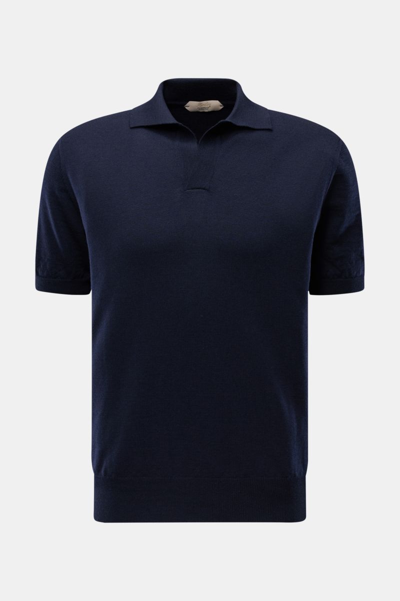 Front view of Aurélien Kurzarm-Strickpolo 'Cashwool' navy, a slim fit short-sleeve knit polo made from pure merino wool, featuring a soft touch, fine knit texture, classic polo collar, open placket, and comfortable ribbed cuffs.
