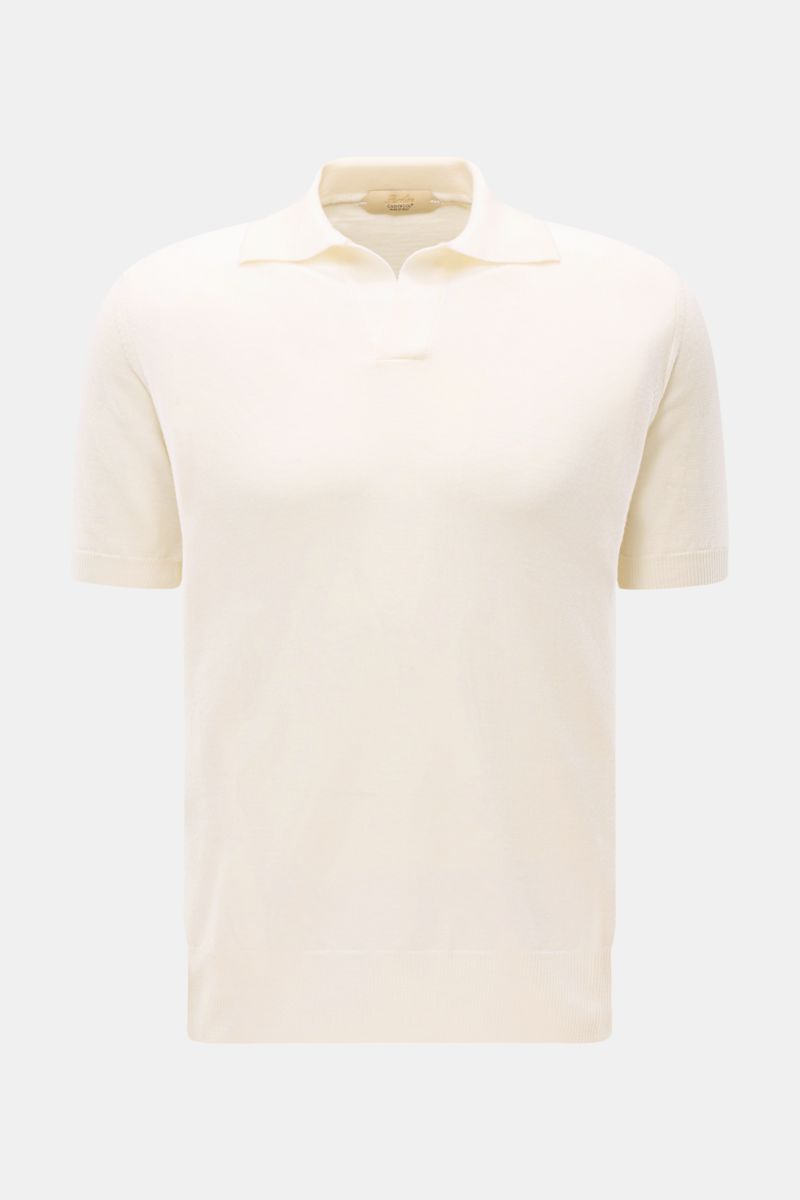 Front view of Aurélien Kurzarm-Strickpolo 'Cashwool' offwhite, a spring essential made of pure Merino wool with a soft touch, fine knit, slim fit, classic polo collar, open placket, and comfortable ribbed cuffs.