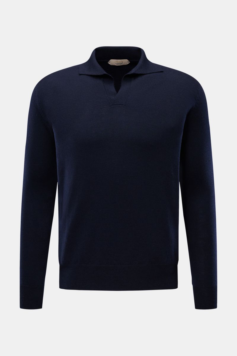 Aurélien Strickpolo 'Cashwool' navy, Slim Fit, reine Merinowolle, weicher Griff, klassischer Polokragen, offene Kragenleiste, Rippbündchen, Frontalansicht.