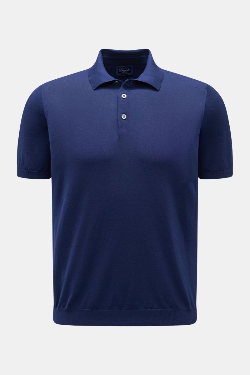Drumohr Kurzarm-Strickpolo navy, Slim Fit, feiner Baumwoll-Feinstrick mit Polokragen, Drei-Knopf-Leiste, elastischen Rippbündchen, frontal fotografiert.