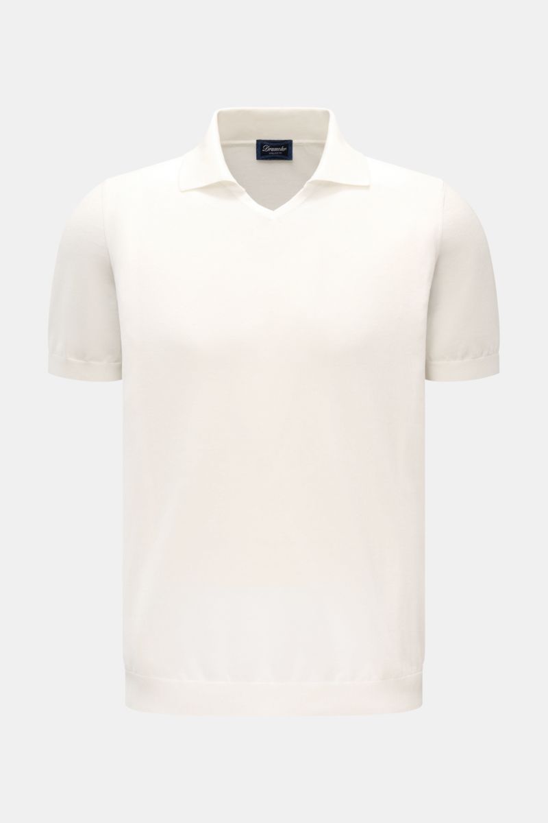 Front view of Drumohr Short sleeve knit polo shirt off-white in fine pure cotton with open collar placket and elasticated ribbed bands.

Description: A fine essential from label DRUMOHR: This Italian-made short sleeve knit polo is made of comfortably s