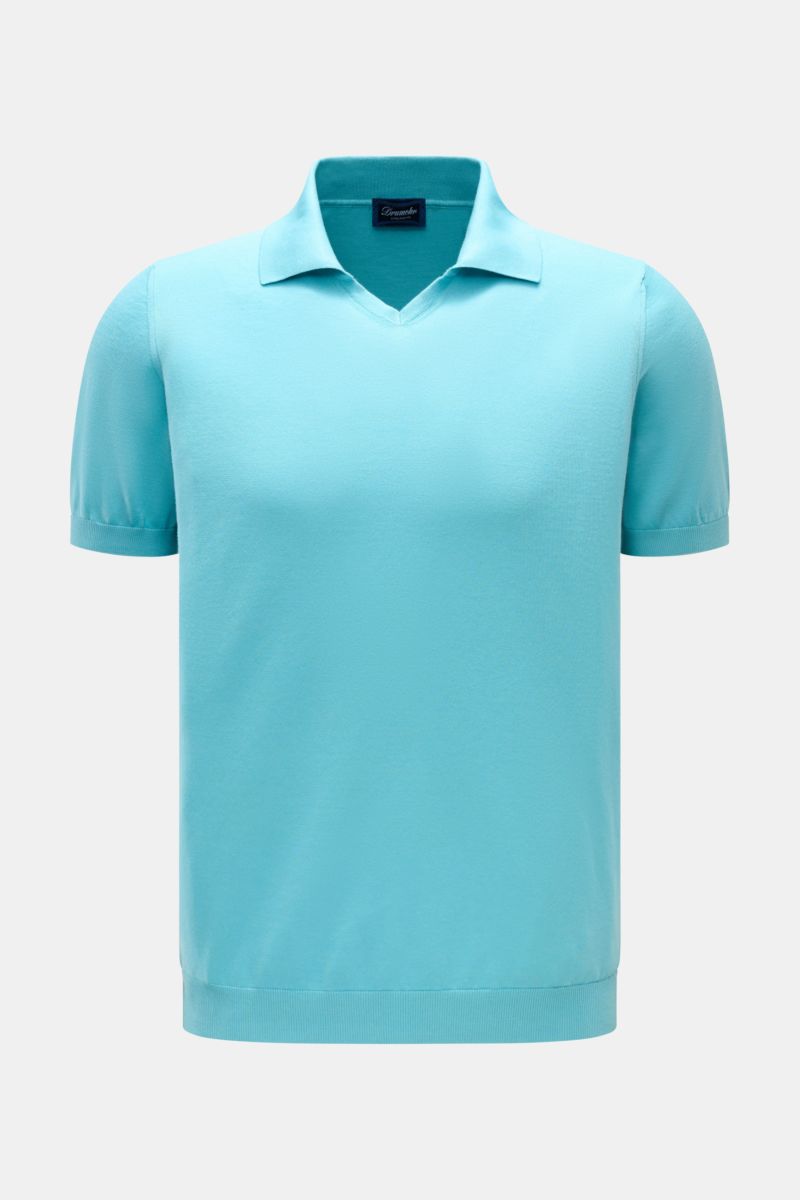 Front view of Drumohr Short sleeve knit polo blue in fine pure cotton knit with open collar placket, short sleeves, and ribbed bands.

Description: A fine essential from label DRUMOHR: This Italian-made short sleeve knit polo is made of comfortably sof