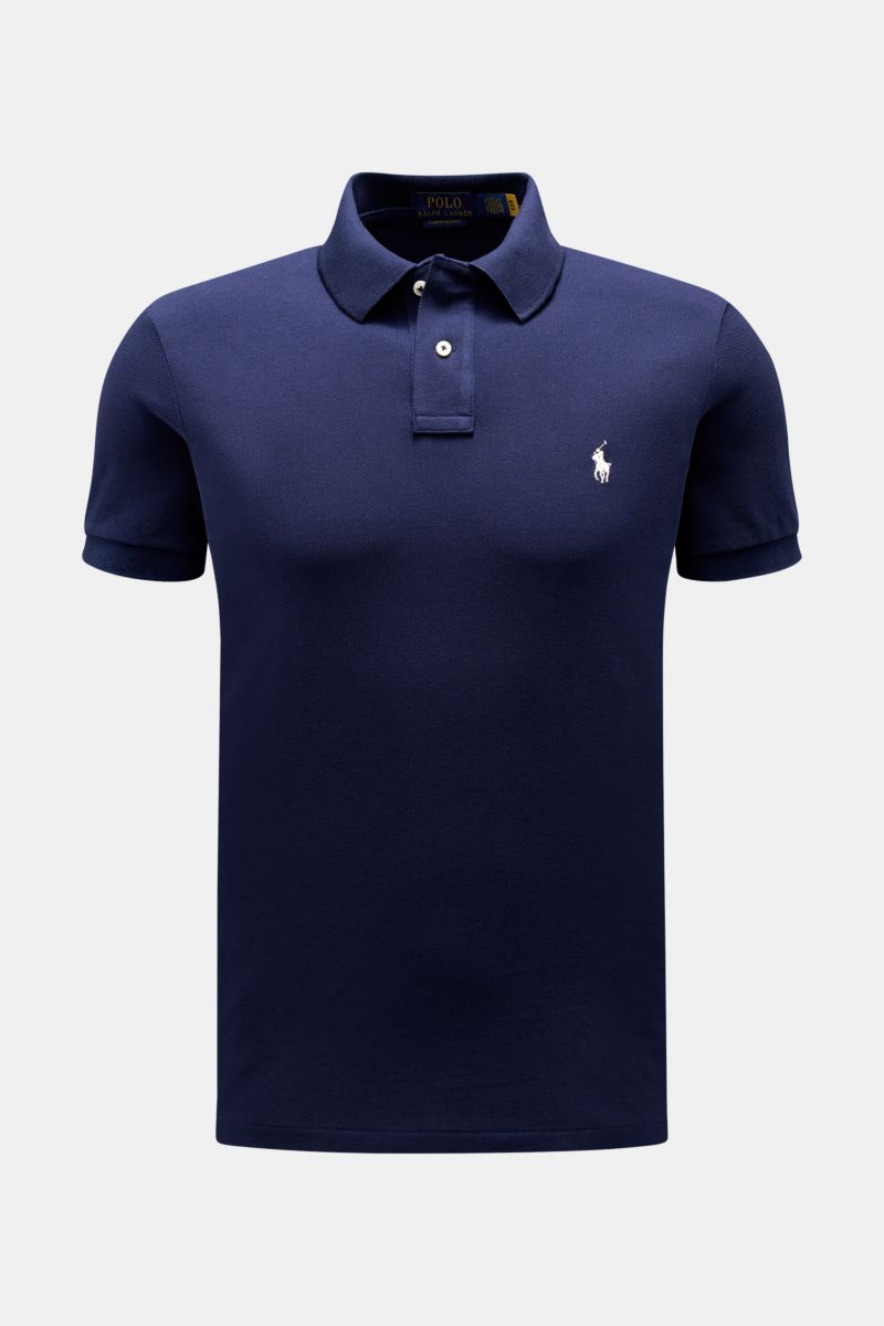 Polo Ralph Lauren Polo shirt navy shown front view, classic pure cotton piqué, slim fit, two-button placket, elasticated cuffs, side vents, iconic polo rider logo on chest. The classic among polo shirts since 1972: The iconic pure cotton piqué model wi
