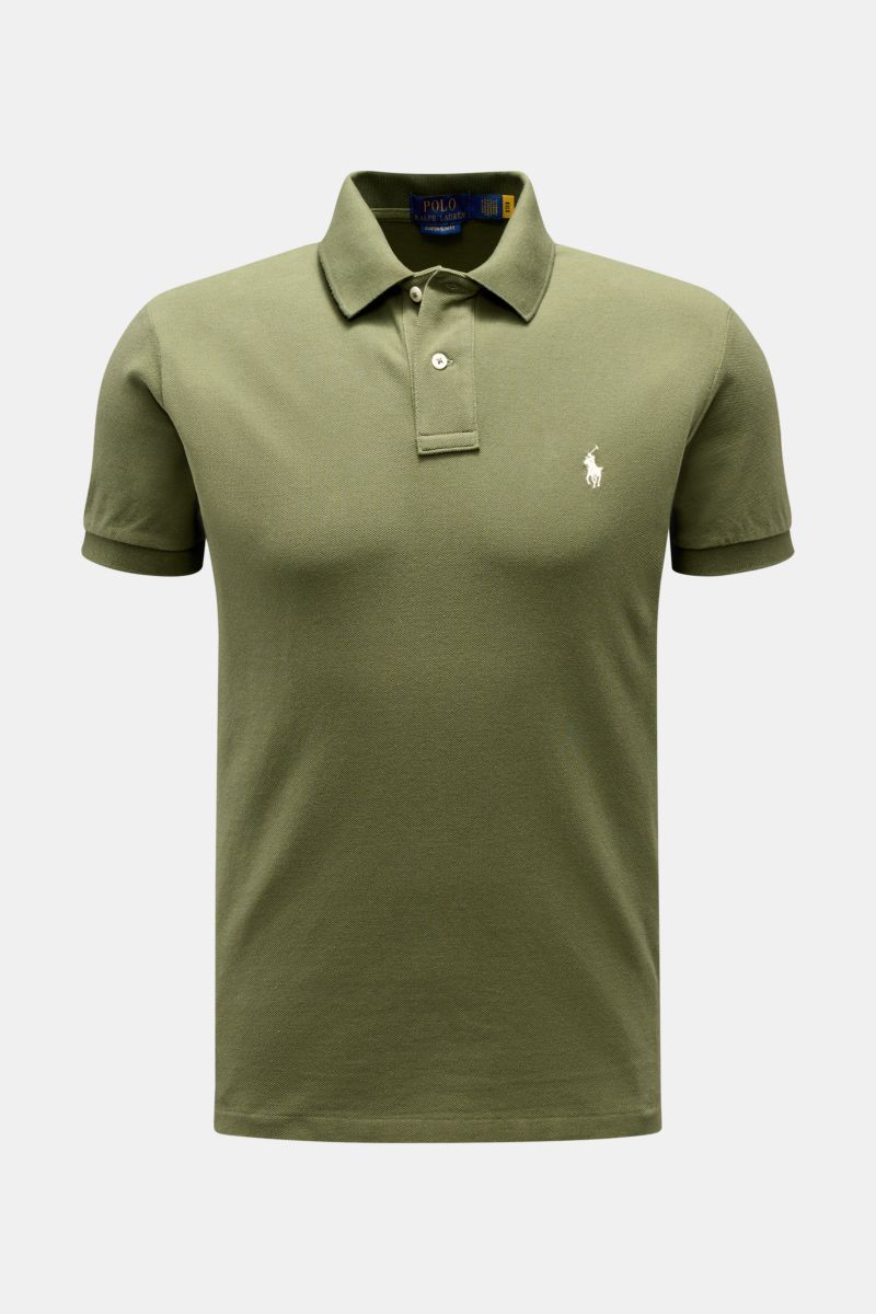 Front view of Polo Ralph Lauren Polo shirt olive, showcasing the classic pure cotton piqué fabric with fine texture. The slim fit shirt features a signature polo collar, patch two-button placket, elasticated cuffs, and the iconic polo rider logo stitched 