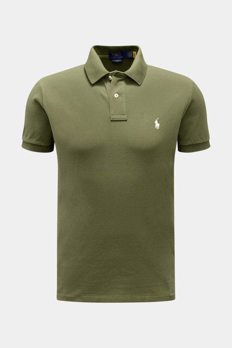Front view of Polo Ralph Lauren Polo shirt olive in pure cotton piqué, slim fit with two-button placket and signature logo stitching. The classic among polo shirts since 1972: The iconic pure cotton piqué model with the famous polo rider stitching on the 