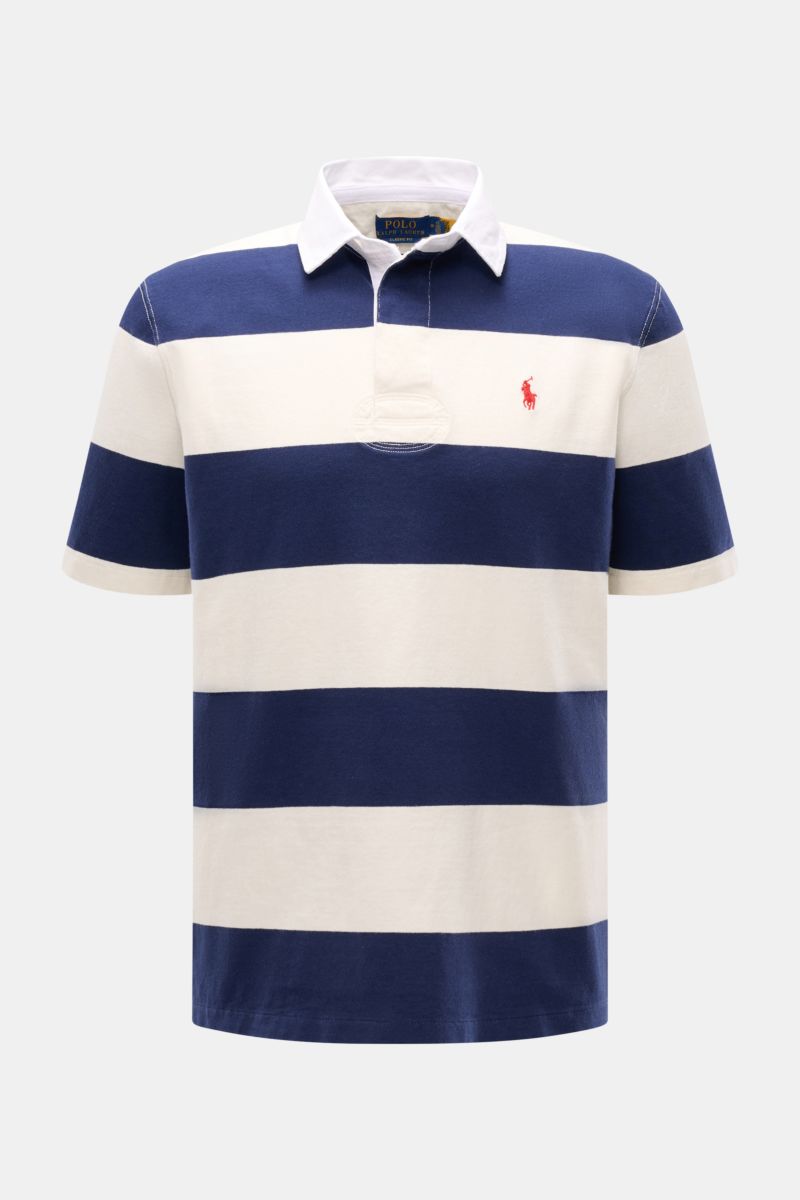 Front view of Polo Ralph Lauren Polo shirt navy/off-white striped with white collar and red logo stitching on chest.

The absolute classic among polo shirts since 1972: The iconic pure cotton polo shirt with the legendary polo rider stitching on the ch