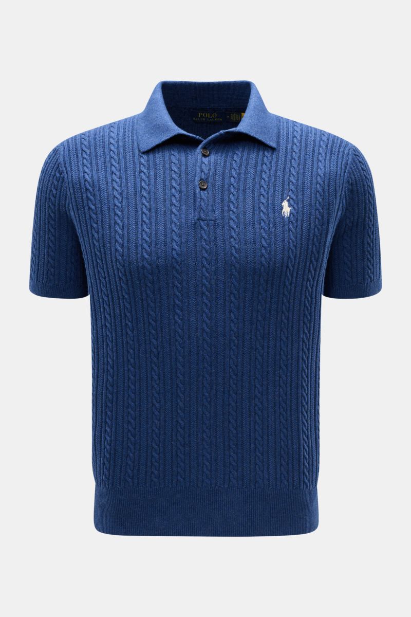 Alt tag (125 characters max): Front view of Polo Ralph Lauren Short sleeve knit polo shirt navy with cable knit pattern and button placket.

Versatile classic: This short-sleeved knit polo by POLO RALPH LAUREN delivers maximum comfort and catches the e