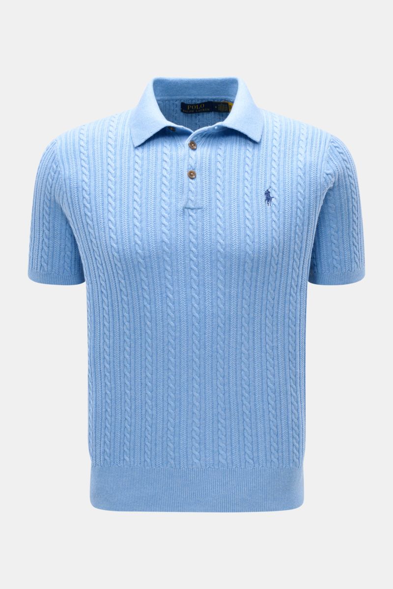Front view of Polo Ralph Lauren Short sleeve knit polo light blue with fine cable knit pattern, collar, and three-button placket.

Versatile classic: This short-sleeved knit polo by POLO RALPH LAUREN delivers maximum comfort and catches the eye on hot 