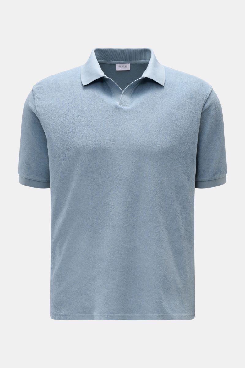 Front view of 04651/ A trip in a bag Terry polo shirt 'Terry Johnny' smoky blue, short sleeve cotton terry, soft feel, regular fit, signature collar, open collar strip, small woven side label, short hem vents; holiday feel you can wear, casual and comfort