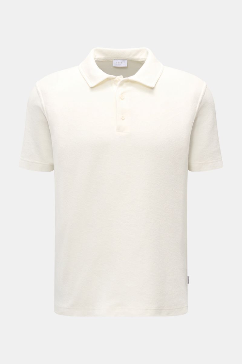 Frontale Aufnahme des offwhite 04651/ A trip in a bag Frottee-Poloshirt 'Terry Polo' aus reiner Baumwolle, Regular Fit mit Polokragen, Knopfleiste und Saumschlitzen.