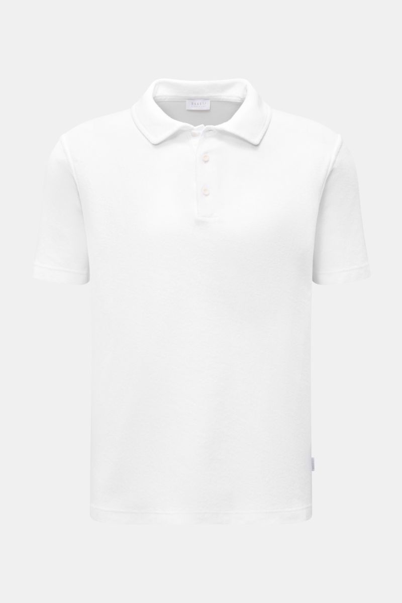 Weißes 04651/ A trip in a bag Frottee-Poloshirt 'Terry Polo' aus reiner Baumwolle, Frontansicht, Regular Fit, Polokragen, kurze Ärmel.