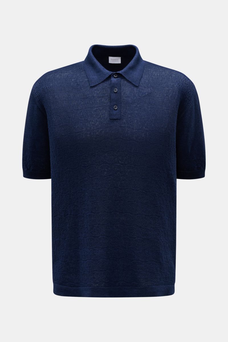 04651/ A trip in a bag Kurzarm-Strickpolo 'Hansen' navy, frontale Ansicht, Oversized Fit, feines Jacquard-Muster, Leinen-Baumwoll-Mix, klassischer Polokragen