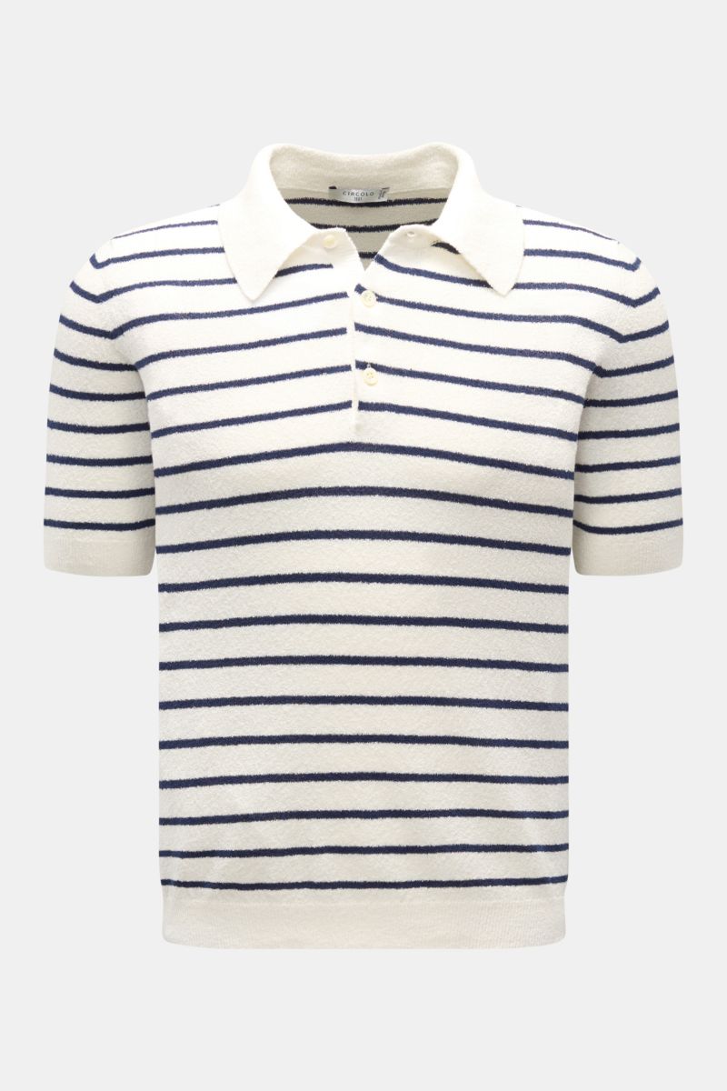 Circolo 1901 Frottee-Kurzarm-Strickpolo offwhite/navy gestreift, Frontansicht, Slim Fit, Baumwoll-Microfaser, klassischer Polokragen, Drei-Knopf-Leiste, flexible Rippbündchen, leichte Struktur, schmale Streifen, atmungsaktiv.