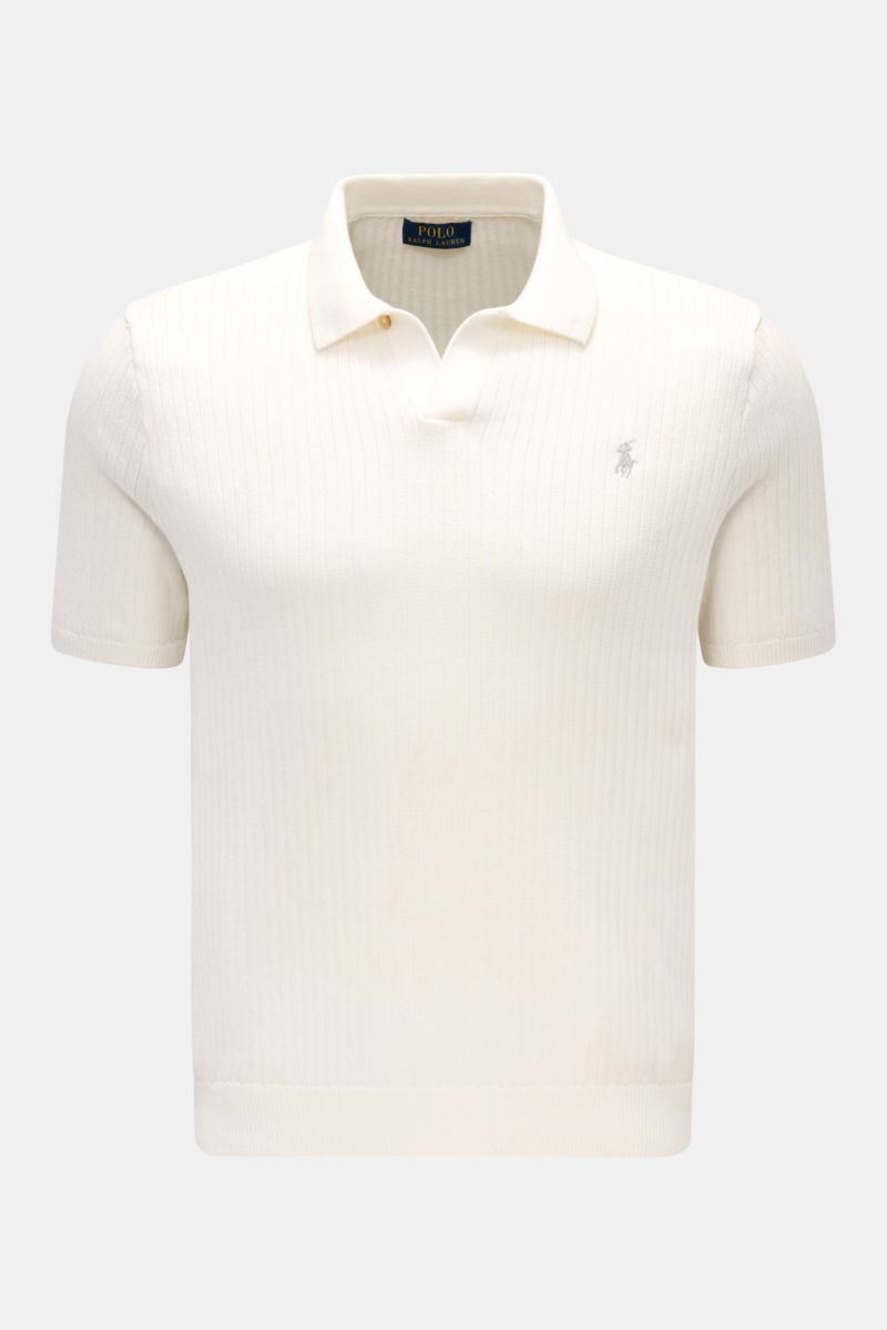 Polo Ralph Lauren Kurzarm-Strickpolo offwhite, frontal fotografiert, reine Baumwolle, Rippstrick, Slim Fit, Polokragen, Knopfleiste, Logo-Stitching, elastische Bündchen.