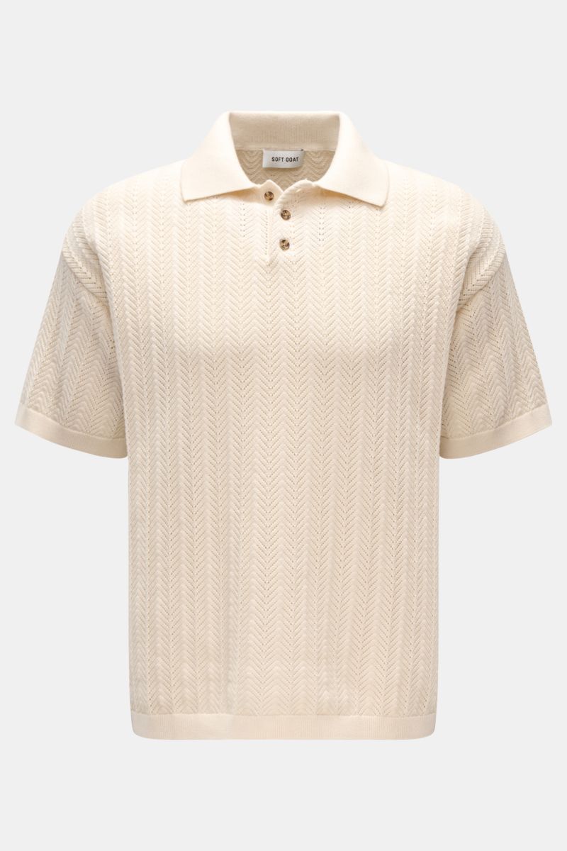 Soft Goat Kurzarm-Strickpolo creme, Frontansicht, Slim Fit, Baumwolle-Cashmere, Strukturstrick, Polokragen mit drei Knöpfen, Rippbündchen.