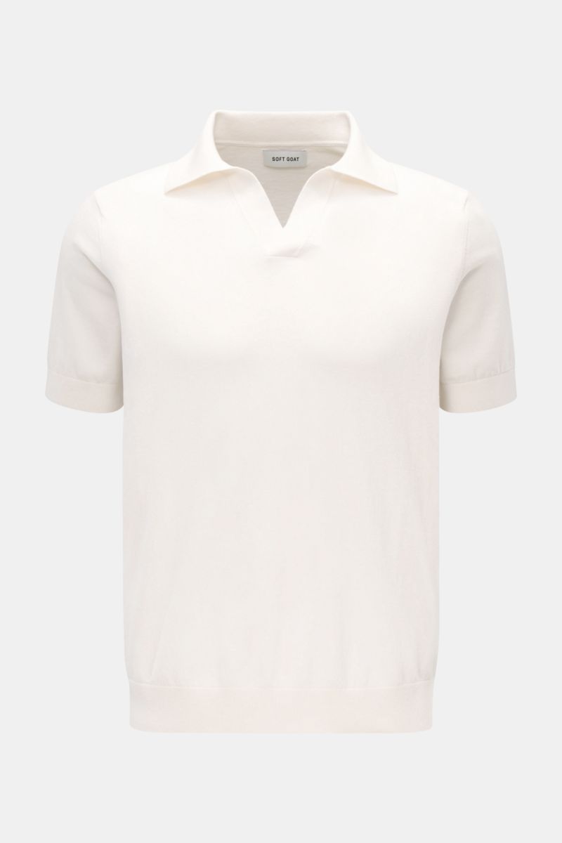 Front view of Soft Goat Short sleeve knit polo shirt off-white, cotton and cashmere blend, slim fit with knit polo collar and open collar strip, soft feel, flexible ribbed bands. Casual essential for between seasons.