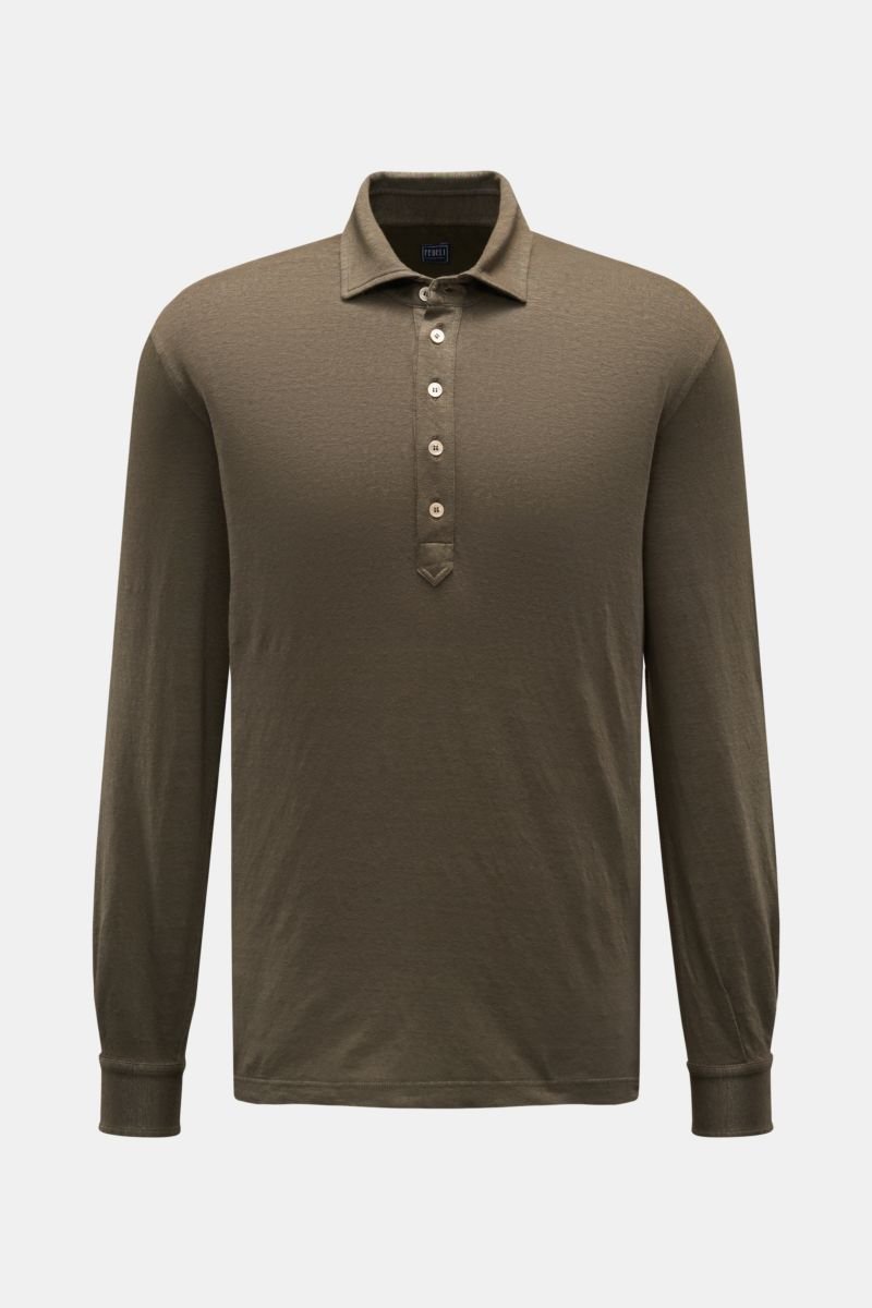 Linen long sleeve polo shirt 'Five' dark olive mottled