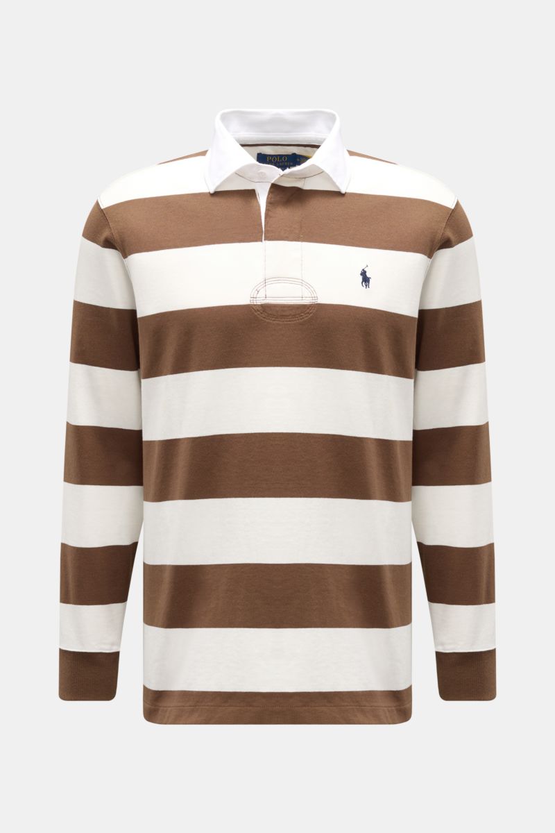 Front view of Polo Ralph Lauren Jersey Longsleeve-Poloshirt weiß/braun gestreift, a casual classic made of pure cotton with a soft touch, regular fit, classic polo collar, three-button placket, comfortable ribbed cuffs, short side slits, and chest logo st