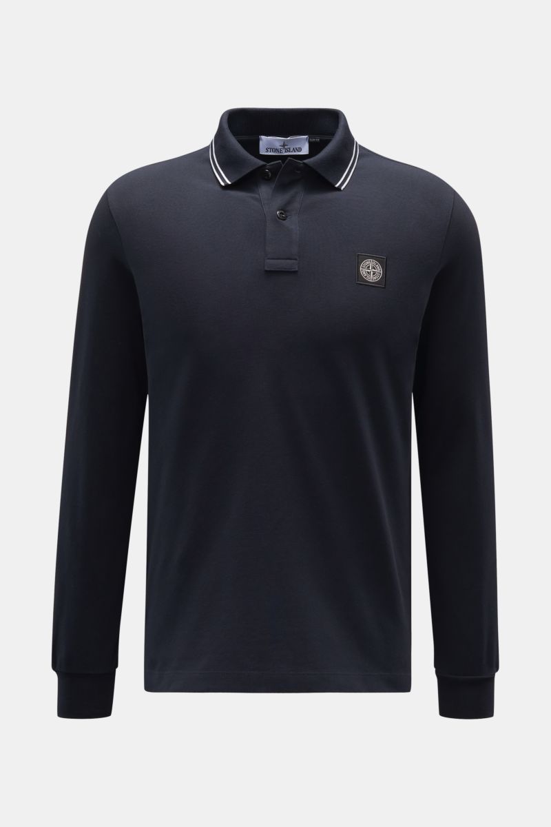 Stone Island Longsleeve-Poloshirt dark navy, frontale Sicht, Slim Fit, garment dyed Baumwoll-Piqué, Polokragen mit Kontraststreifen und STONE ISLAND Logo