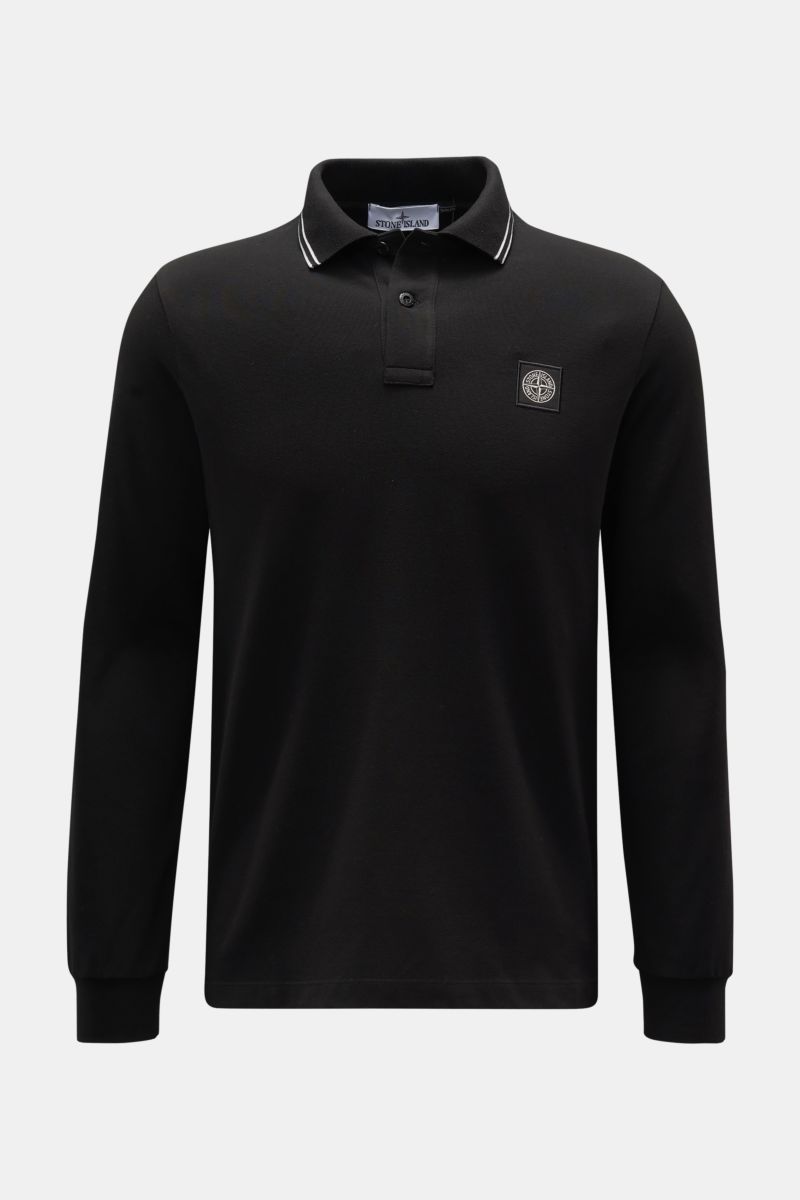 Stone Island Longsleeve-Poloshirt schwarz, frontale Ansicht, slim fit, piqué-Baumwolle, tonales Kompasslogo, Polokragen mit Kontraststreifen.