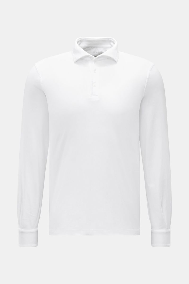 Fedeli Jersey Longsleeve-Poloshirt weiß, vorne fotografiert, aus sanfter, nachhaltiger Giza-Baumwolle mit Perlmuttknöpfen, Slim Fit, Polokragen.