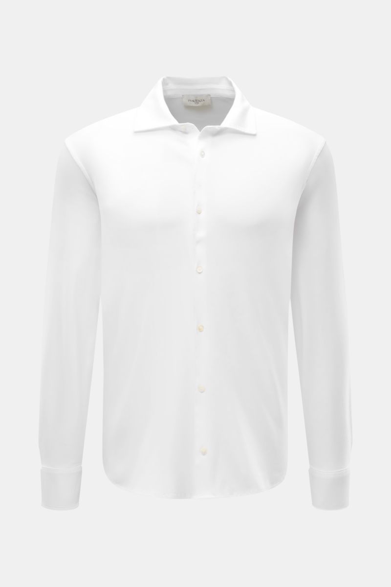 Front view of the Piacenza 1733 Jersey shirt slim collar white, a slim fit white jersey shirt with narrow collar, smooth button placket, and classic barrel cuffs made of pure cotton with a very soft feel and fine knit. Luxurious comfort for everyday wear:
