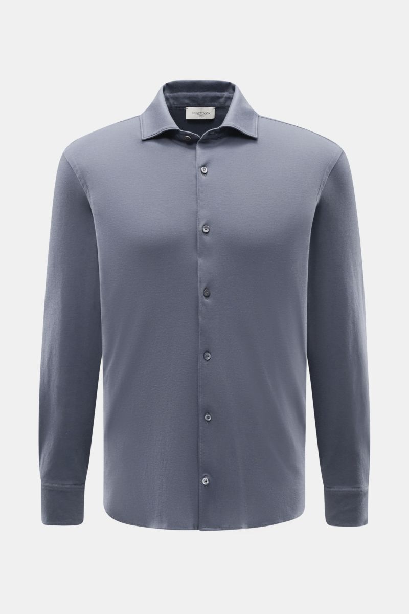 Front view of the Piacenza 1733 Jersey shirt slim collar grey-blue in soft jersey cotton with slim fit, narrow collar, smooth button placket, and classic barrel cuffs. Luxurious comfort for everyday wear: This jersey shirt from PIACENZA 1733, made from