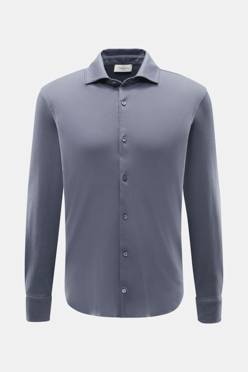 Piacenza 1733 Jersey-Hemd schmaler Kragen graublau, Slim Fit, Jersey aus reiner Baumwolle, klassischer Sportmanschette, Frontansicht.
