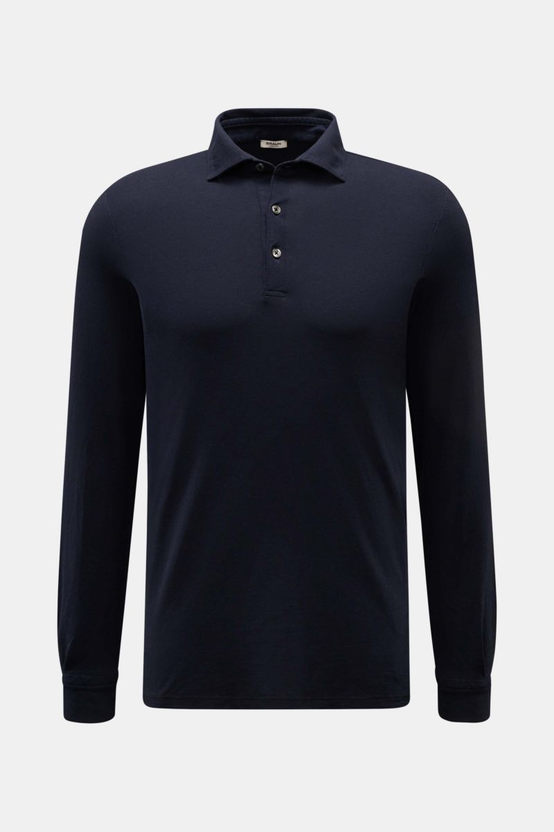 Front view of BRAUN Hamburg Jersey long sleeve polo shirt navy, slim fit with shark collar, three-button placket, barrel cuffs, and side vents.

Description: Sporty style for the new season: BRAUN HAMBURG has processed pure cotton into comfortable jers