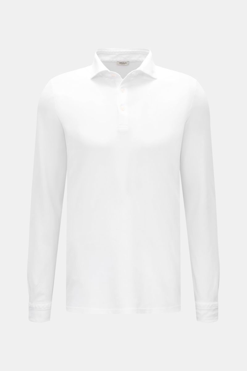 Gran Sasso Jersey Longsleeve-Poloshirt weiß, frontal fotografiert, Slim Fit aus Baumwoll-Jersey mit Haifischkragen, Drei-Knopf-Leiste, Sportmanschette und Saumschlitzen.