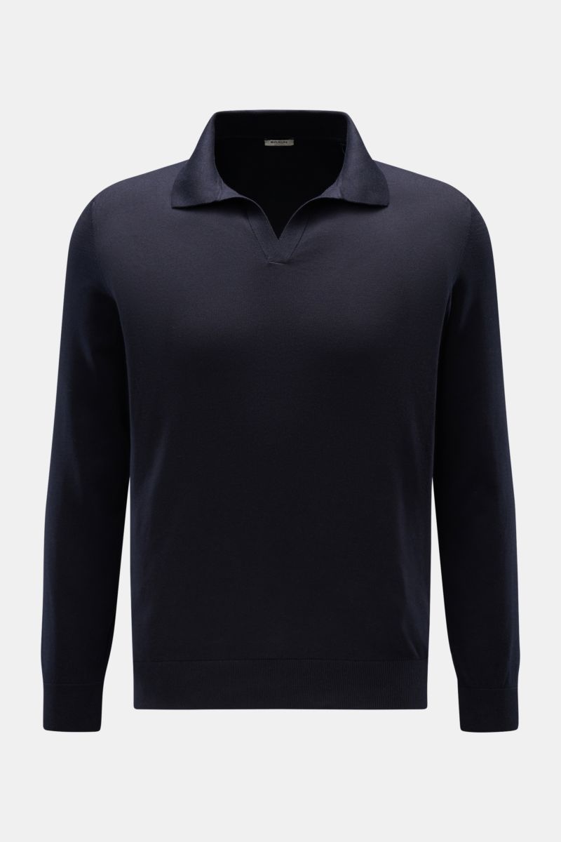 Gran Sasso Strickpolo dark navy, frontale Nahaufnahme, elegantes Basic mit offener Kragenleiste, Polokragen, elastischen Rippbündchen, feinem Strickbild aus reiner Baumwolle, Regular Fit, weicher Griff.