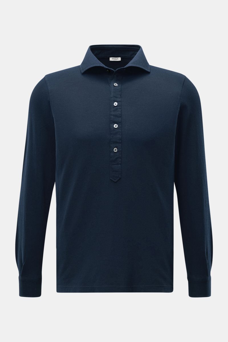 BRAUN Hamburg Longsleeve-Poloshirt navy, slim fit, Baumwoll-Piqué, Haifisch-Kragen, Fünf-Knopf-Leiste, Sportmanschetten, frontal fotografiert.