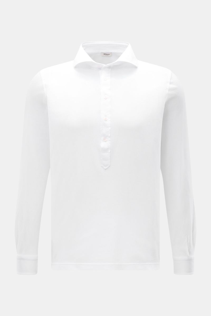 BRAUN Hamburg Longsleeve-Poloshirt weiß, frontale Nahaufnahme, Slim Fit, Baumwoll-Piqué, Haifischkragen, Fünf-Knopf-Leiste, Sportmanschette.