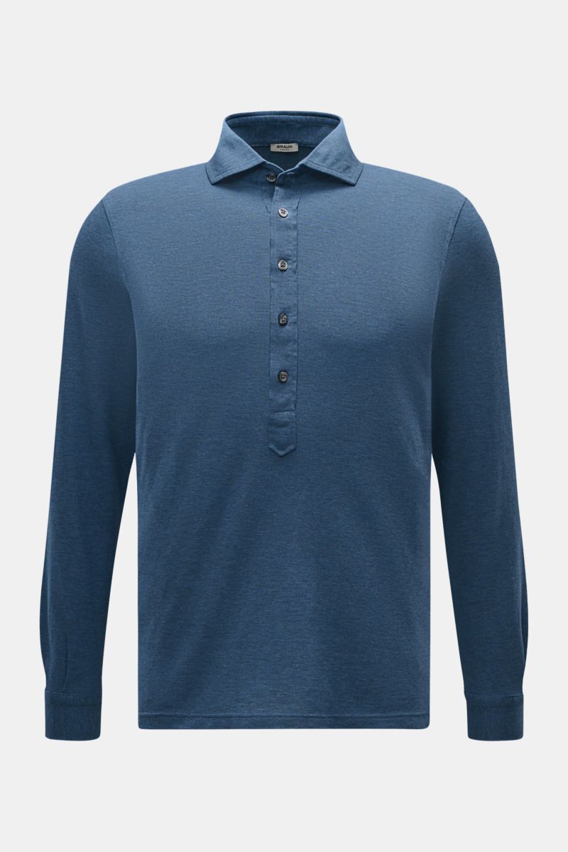 BRAUN Hamburg Longsleeve-Poloshirt graublau aus Baumwoll-Piqué, Slim Fit, Haifisch-Kragen, Fünf-Knopf-Leiste, Sportmanschette, Frontansicht.