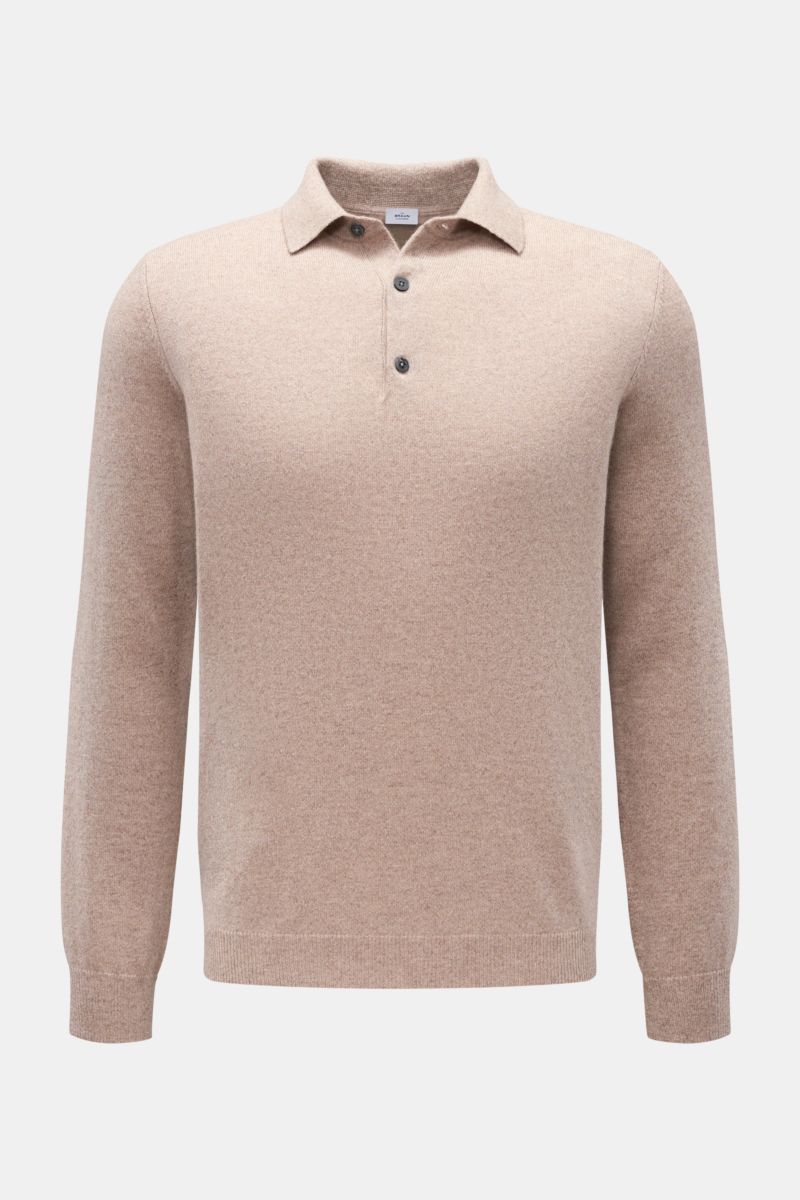 von Braun Cashmere Strickpolo beige meliert, frontale Ansicht, Slim Fit mit feinem Strick, Polokragen, Drei-Knopf-Leiste, elastischen Rippbündchen, reiner weicher Cashmere