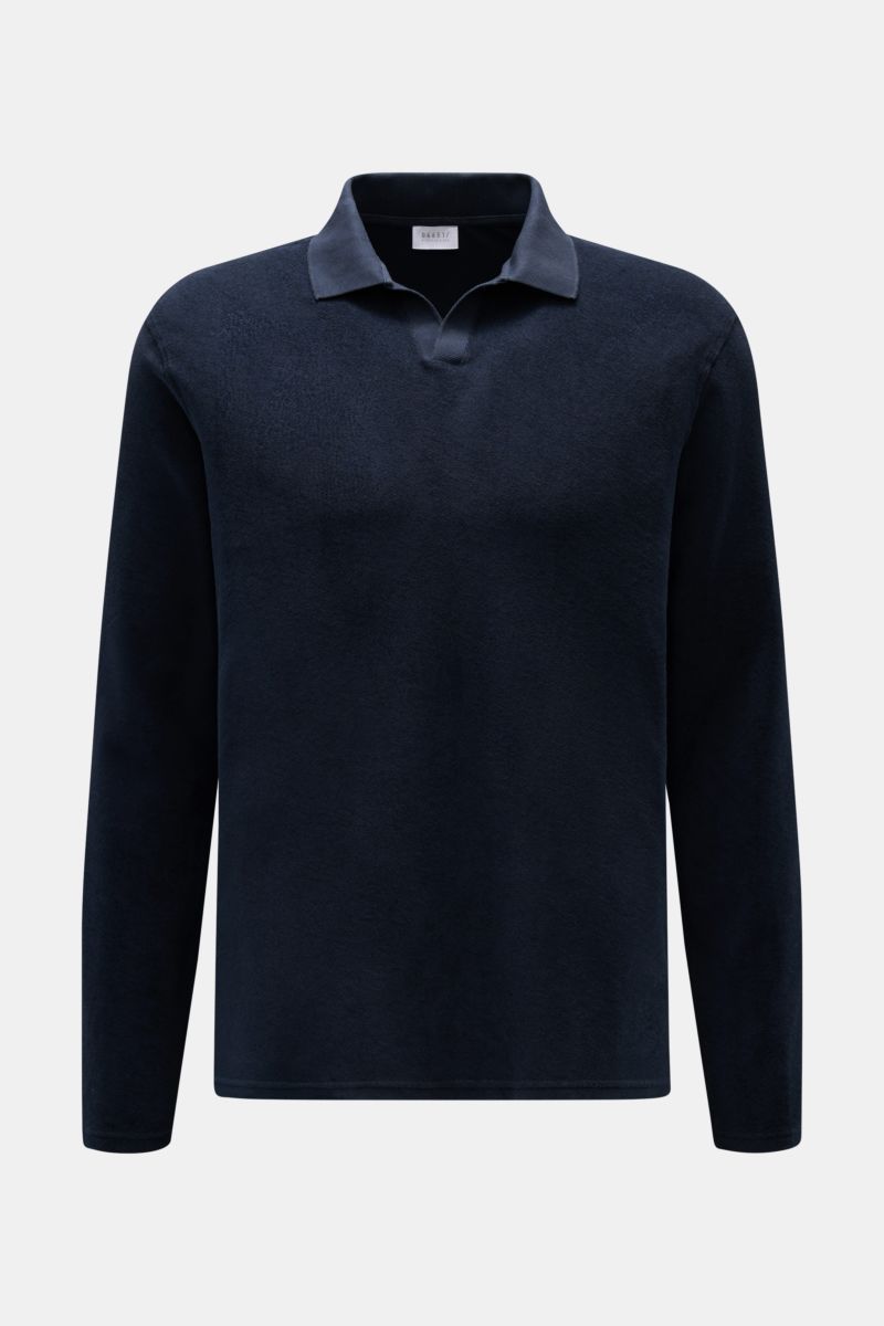 04651/ A trip in a bag Frottee Longsleeve-Poloshirt 'Terry Johnny' navy, reine Baumwolle, weicher Griff, Regular Fit, klassischer Polokragen, offene Kragenleiste, kurze Saumschlitze, Frontalansicht.