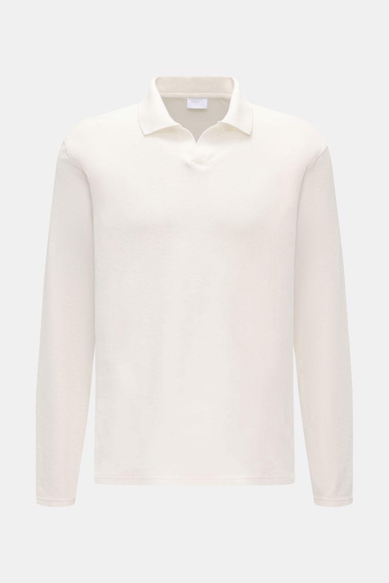 Langarm-Poloshirt 04651/ A trip in a bag Frottee Longsleeve-Poloshirt 'Terry Johnny' creme, frontale Ansicht, reine Baumwolle, Regular Fit, offener Kragen, kurze Saumschlitze.