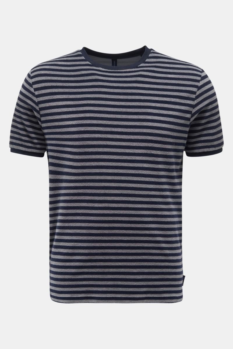 Frottee Rundhals-T-Shirt 'Terry Stripe Tee' grau/dark navy gestreift