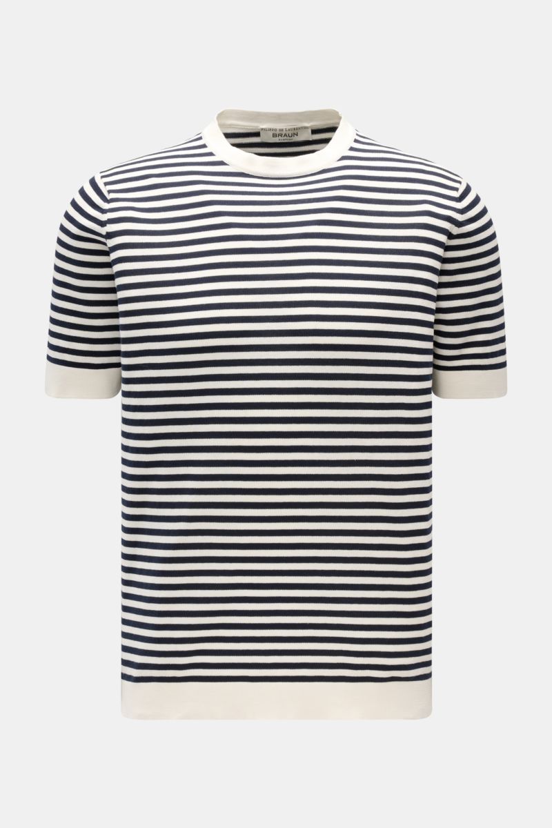 Feinstrick-Kurzarmpullover offwhite/dark navy gestreift