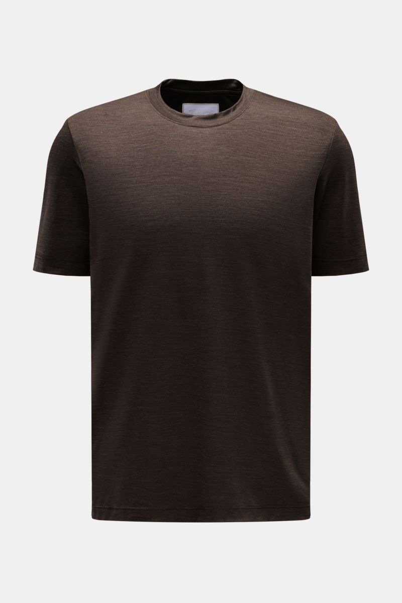 Marco Pescarolo Rundhals-T-Shirt 'James' dunkelbraun meliert shown from the front, made of fine wool jersey, slim fit.

Für luxuriöse Woll-Verarbeitung steht MARCO PESCAROLO - so ist auch definitiv dieses T-Shirt ein edles Piece aus reiner, feinster Wo