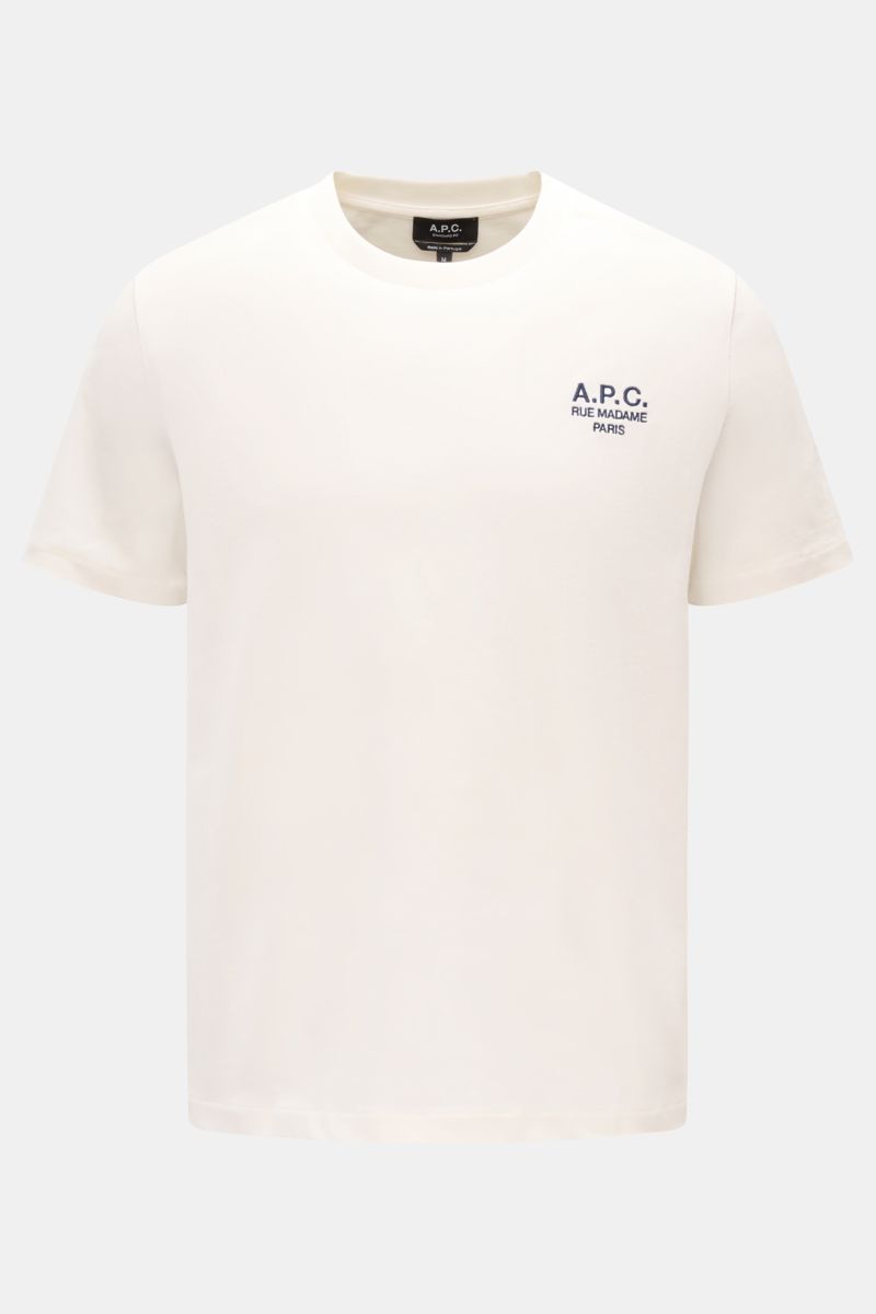 A front-facing view of the A.P.C. Crew neck T-shirt 'Standard Rue Madame' off-white in soft pure cotton jersey with regular fit, crew neck, and A.P.C. logo embroidery on the chest. 

Clean, cool, A.P.C. – the T-shirt 'Standard Rue Madame' is the epitom