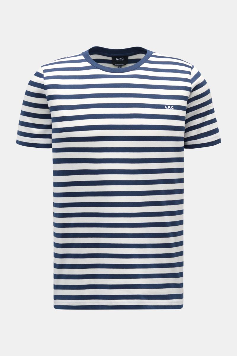 A front view of the A.P.C. Rundhals-T-Shirt navy/offwhite gestreift, a slim fit navy and off-white striped cotton jersey T-shirt with a round neckline and subtle chest logo embroidery. Maritimer Look vom französischen Label A.P.C.: Dieses T-Shirt mit Rund