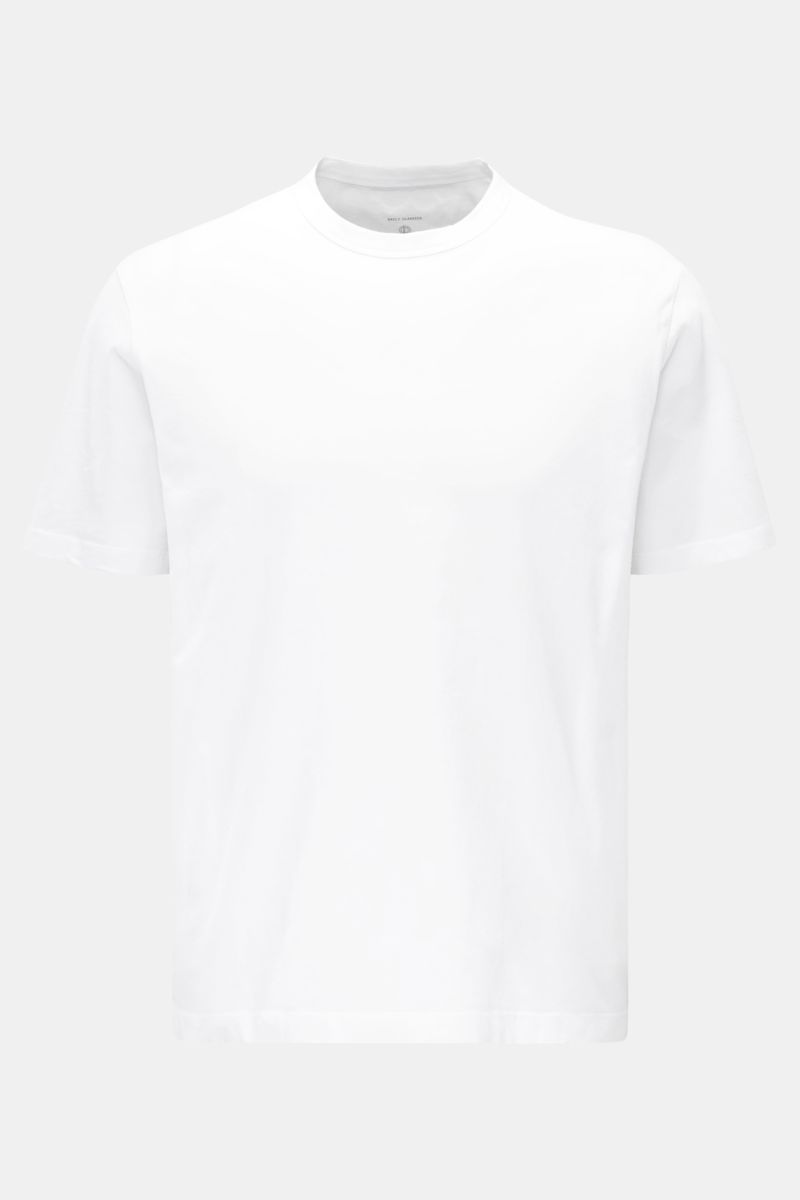 Officine Générale Rundhals-T-Shirt 3er-Set weiß, frontale Nahaufnahme, Slim Fit, Jersey aus Bio-Baumwolle, weicher Griff, Rundhalsausschnitt.