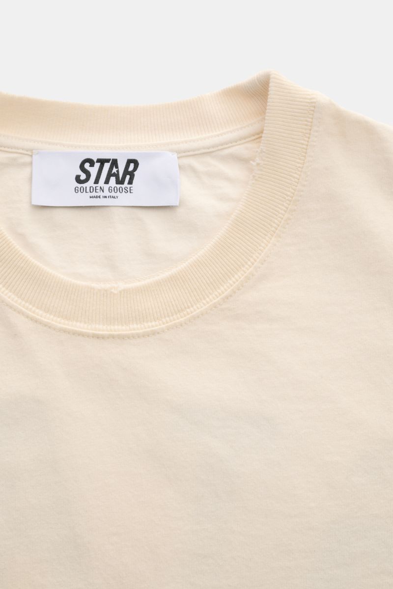 Golden Goose Rundhals-T-Shirt creme, Detailaufnahme des Rundhalsausschnitts und Etiketts, reine Baumwolle, Made in Italy, vintage.