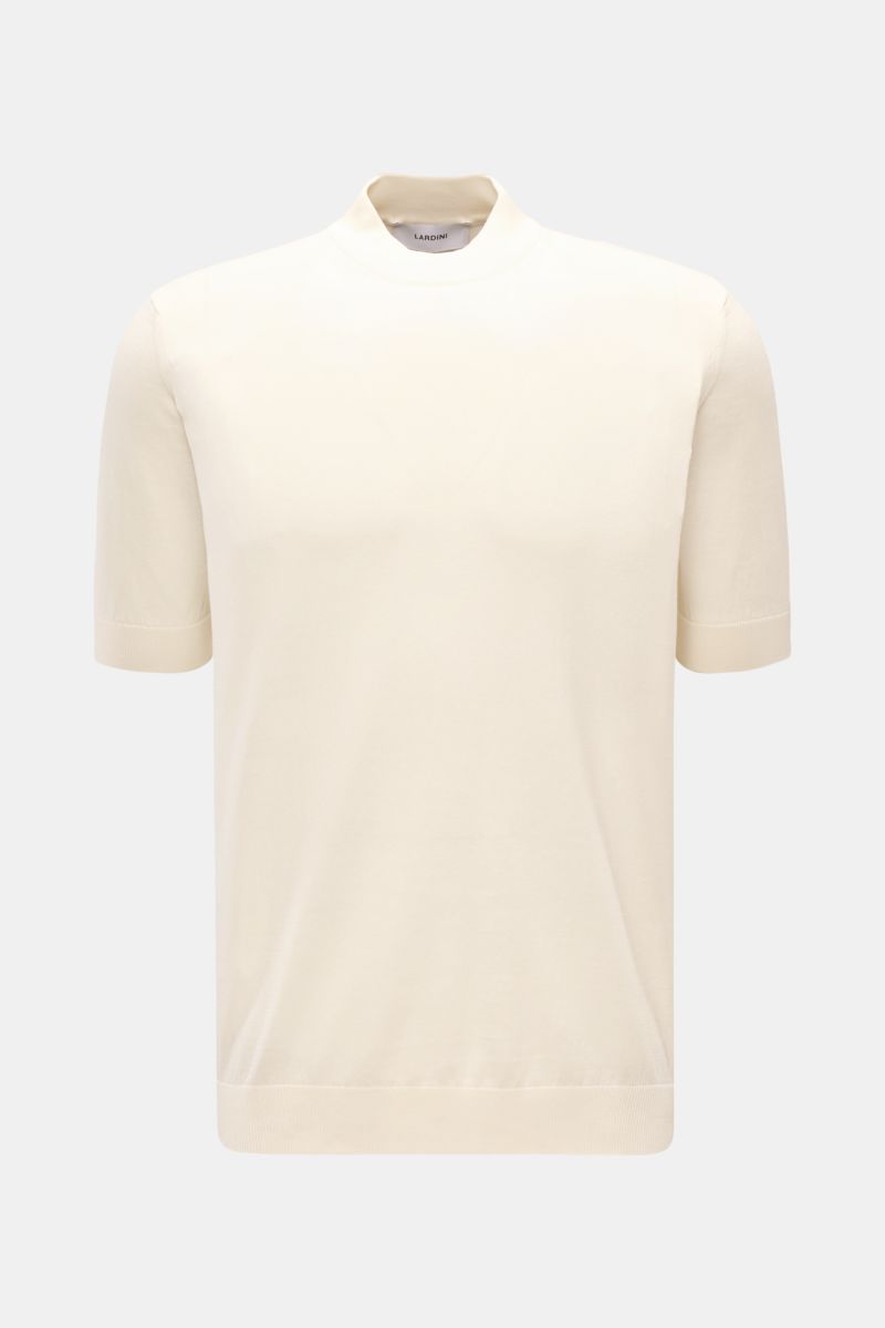Lardini Kurzarm-Rundhalspullover creme, fein gestrickt, Slim Fit, reine Baumwolle, weicher Griff, dezentes Logo, Rippbündchen, Frontalansicht.