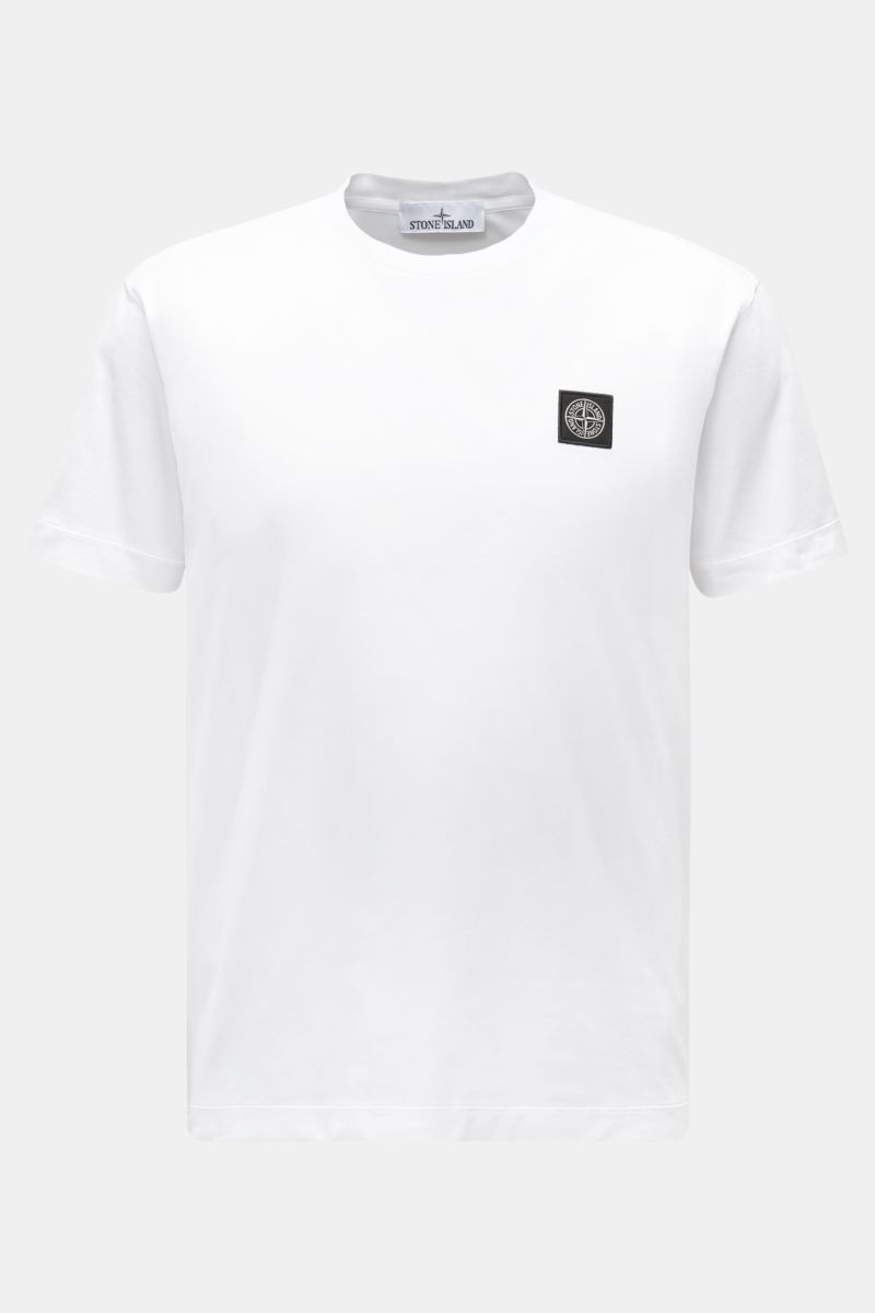 Stone Island T-Shirt 'Basic Cotton' weiß, Slim Fit, reine Baumwolle, weicher Griff, Rundhalsausschnitt, Weblabel Brust, frontal fotografiert.